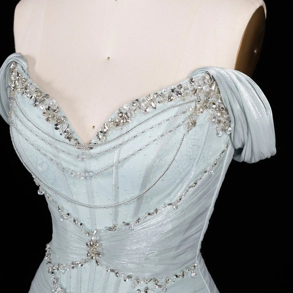 SS673 Ice Blue off-the-shoulder beaded evening dress