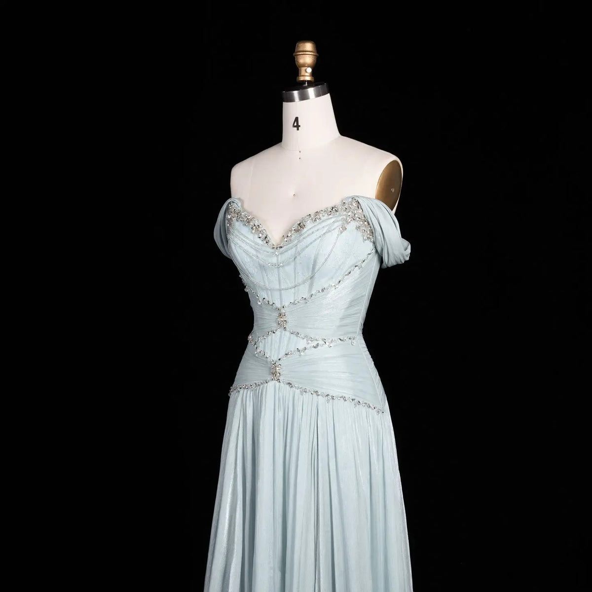 SS673 Ice Blue off-the-shoulder beaded evening dress