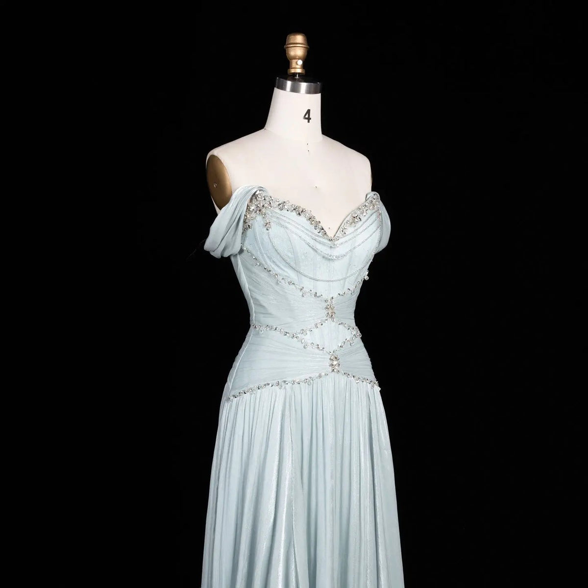 SS673 Ice Blue off-the-shoulder beaded evening dress