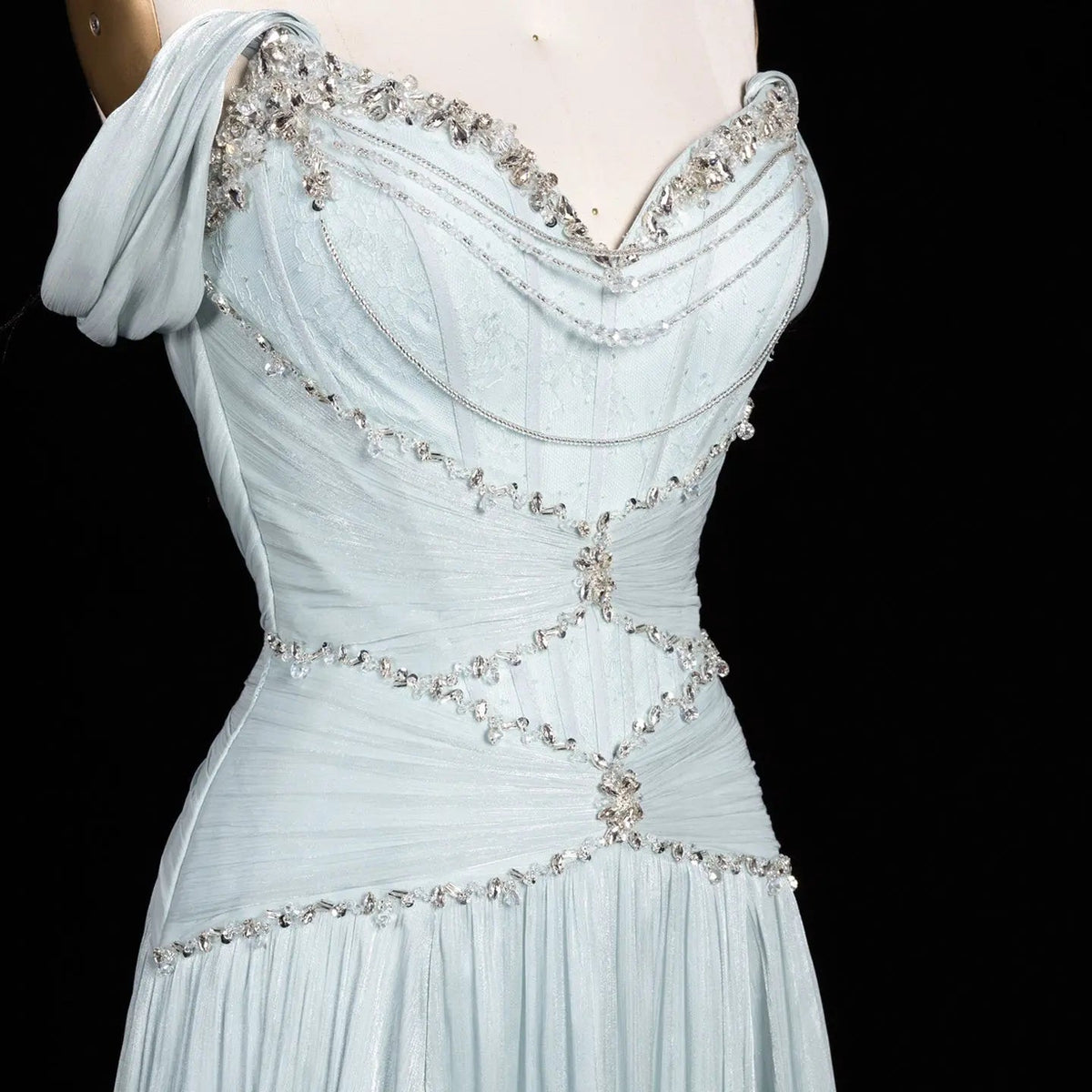 SS673 Ice Blue off-the-shoulder beaded evening dress