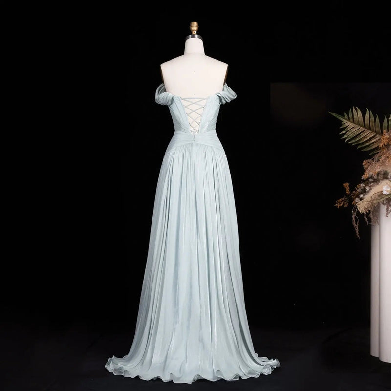SS673 Ice Blue off-the-shoulder beaded evening dress