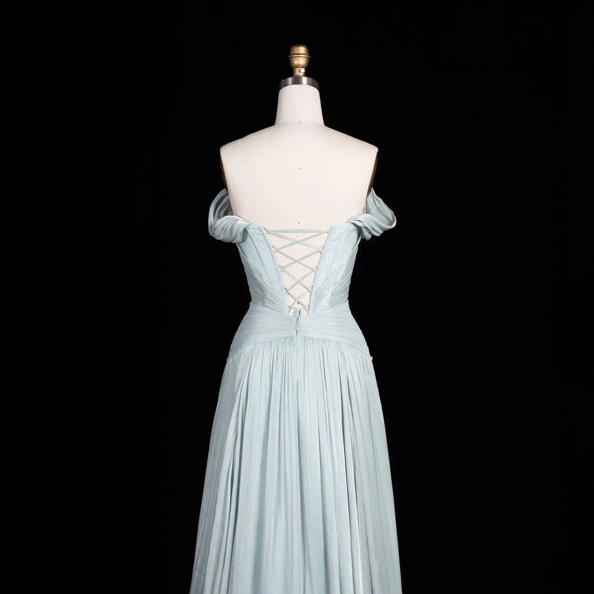 SS673 Ice Blue off-the-shoulder beaded evening dress