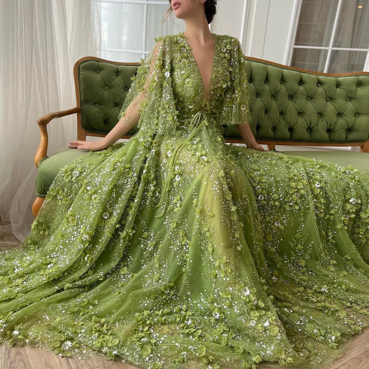 Plunging V-neck Green 3D Embroidered Flowers Evening Dress SS354