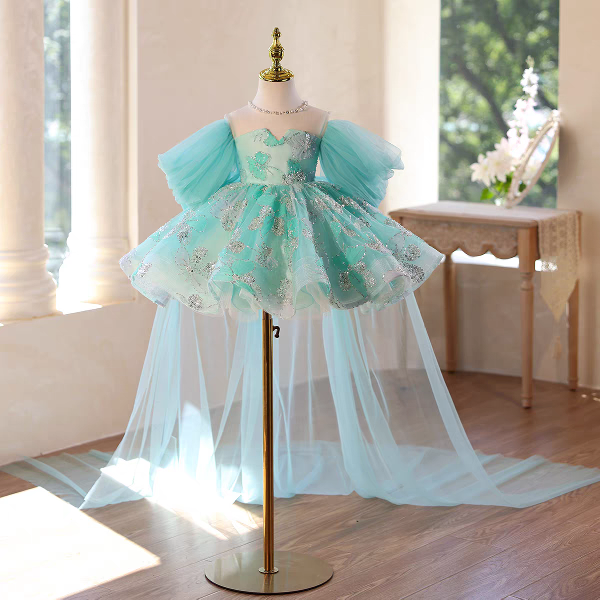 Jill Charming Turquoise Beaded Butterfly Flower Girl Dress D110