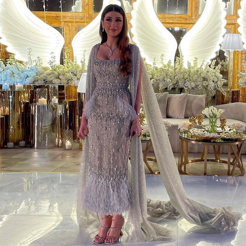 Bling Gray Mermaid Arabic Evening Dress with Cape SS279