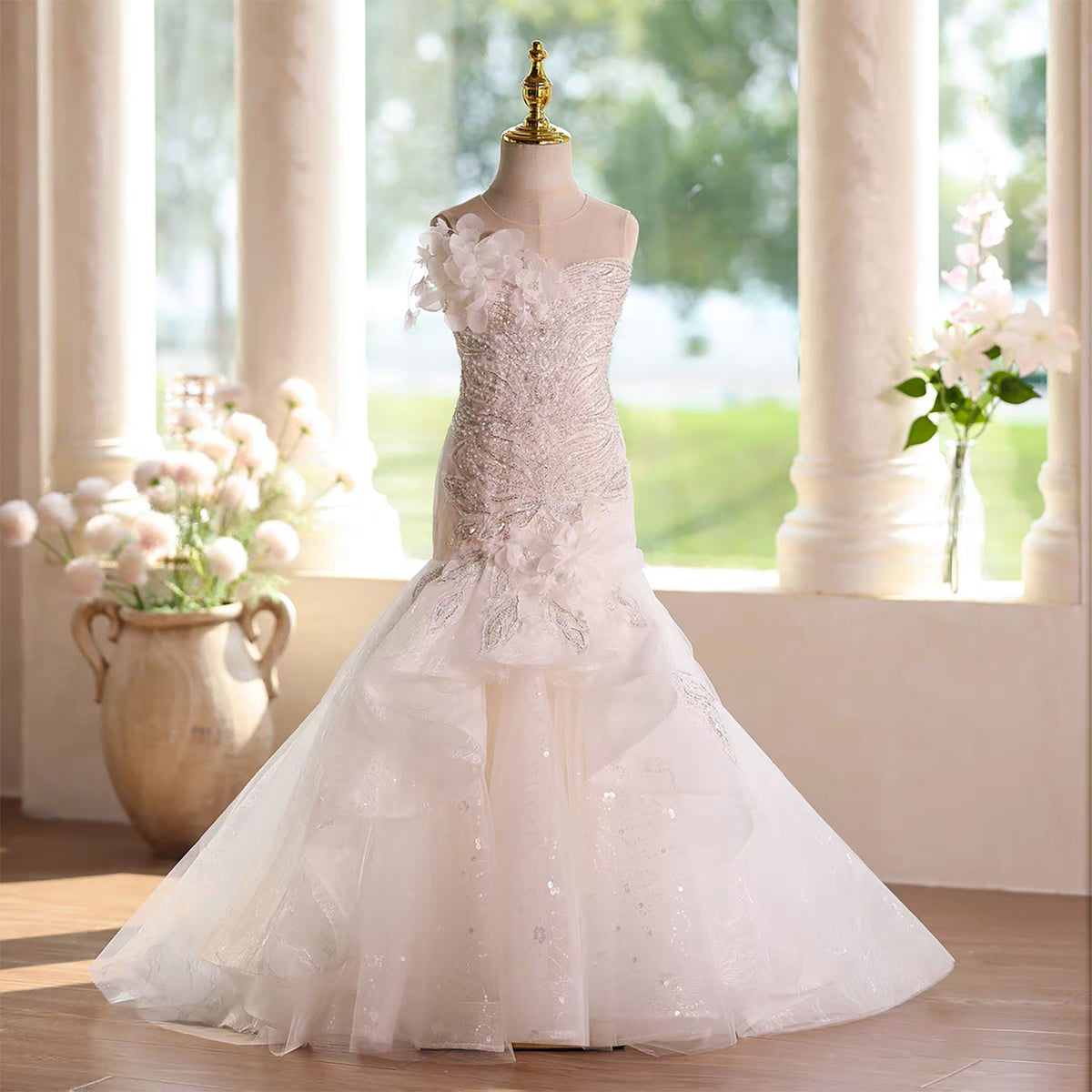 Elegant White Mermaid Flower Girl Gown with Exquisite Embroidery D137