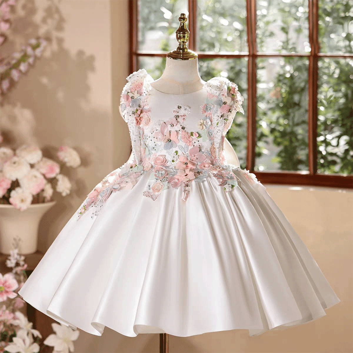 Girls' Luxury Satin Flower Girl Dress 3D Floral Embroidery Gown with Bow & Headband D247