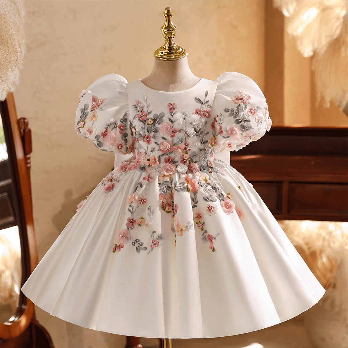 Elegant Flower Girl Dress White Satin Gown with Colorful Floral Appliqué J879