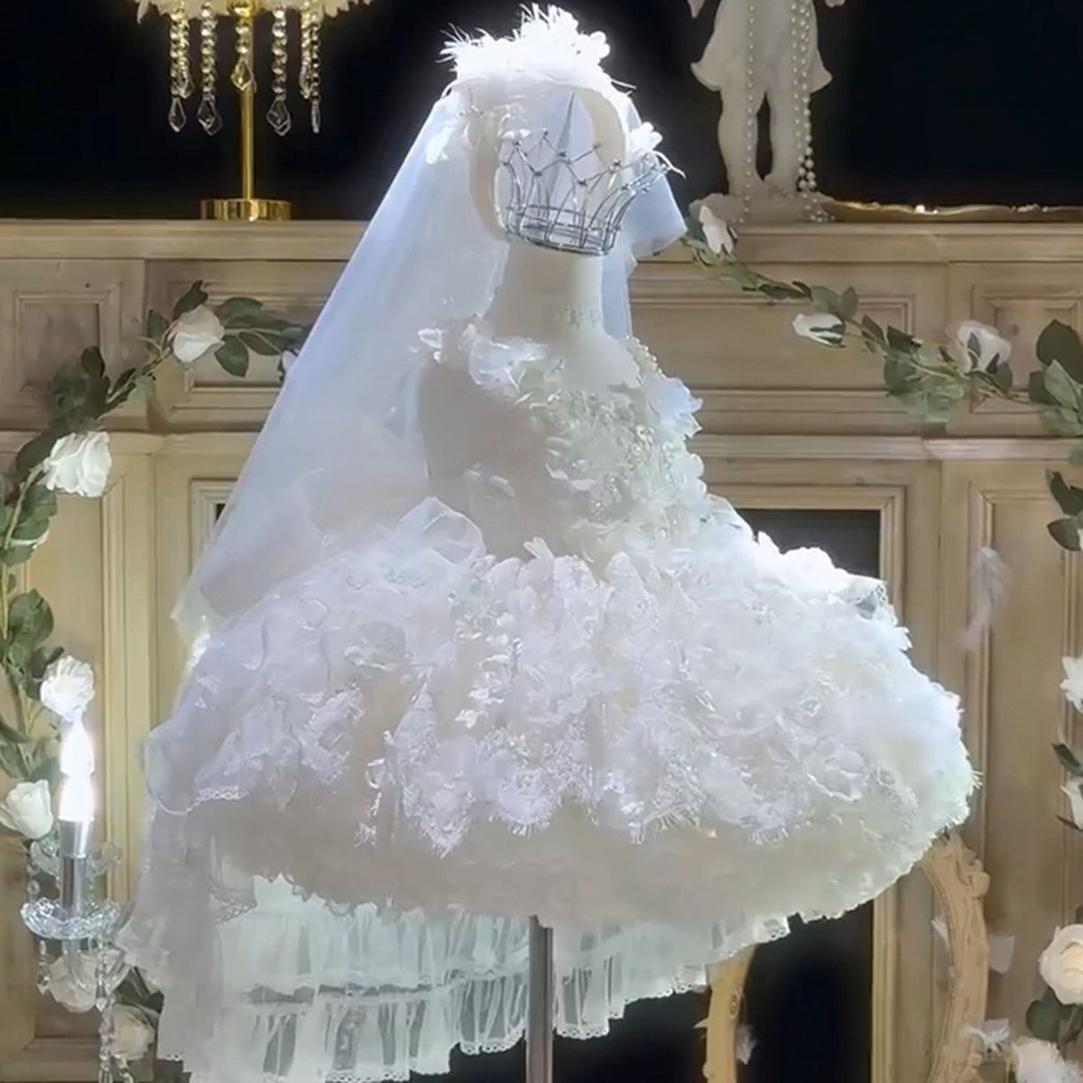 White Princess Flower Girl Dress with 3D Embroidered Flowers & Tulle Train M016