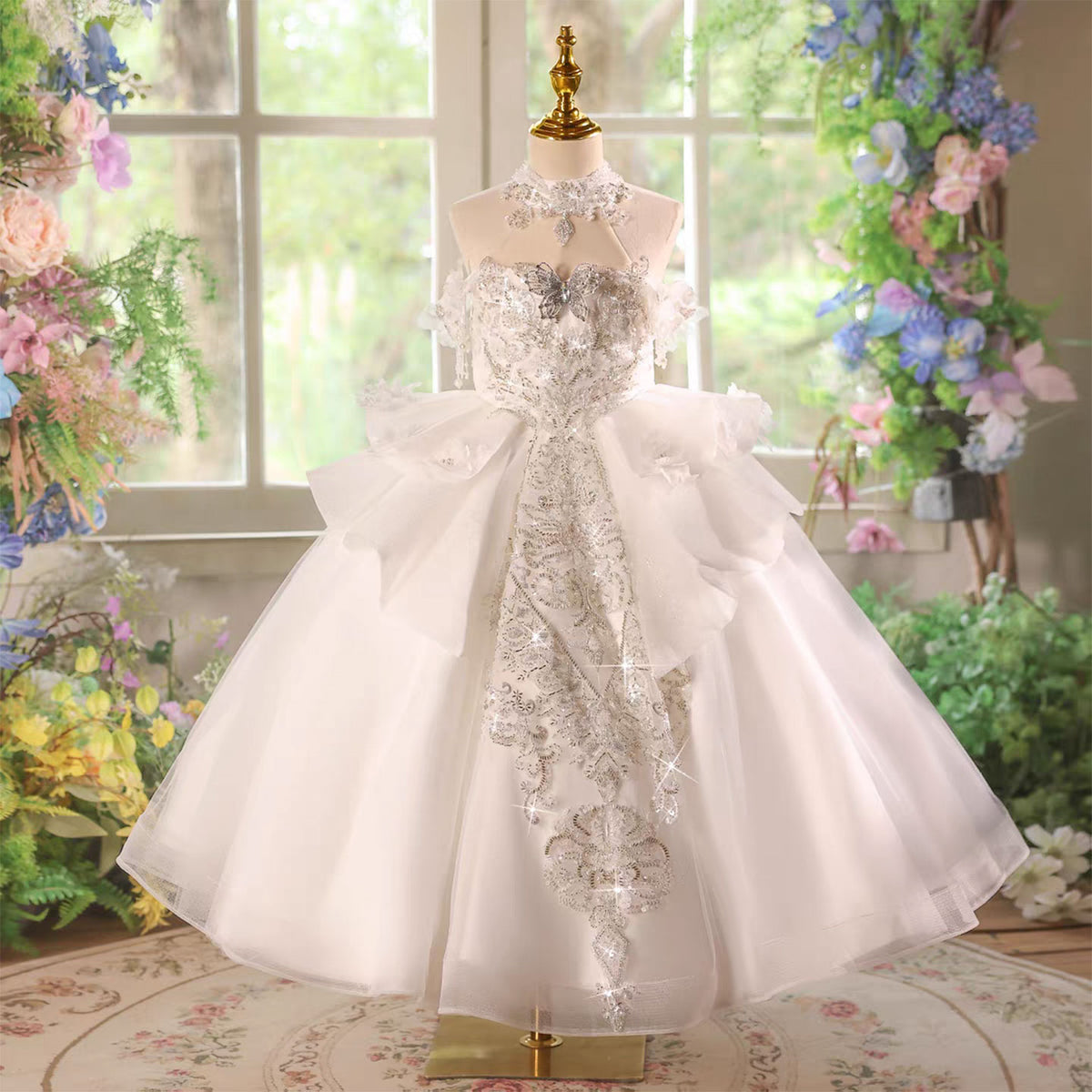 White Princess Girl Dress Flowers Birthday Pageant Party Gown D226