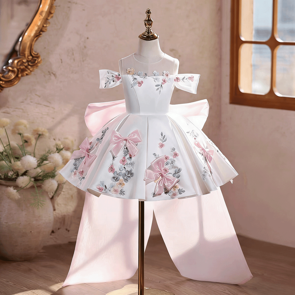 Toddler Girl White Off-Shoulder Floral Satin Dress with 3D Pink Bows J883