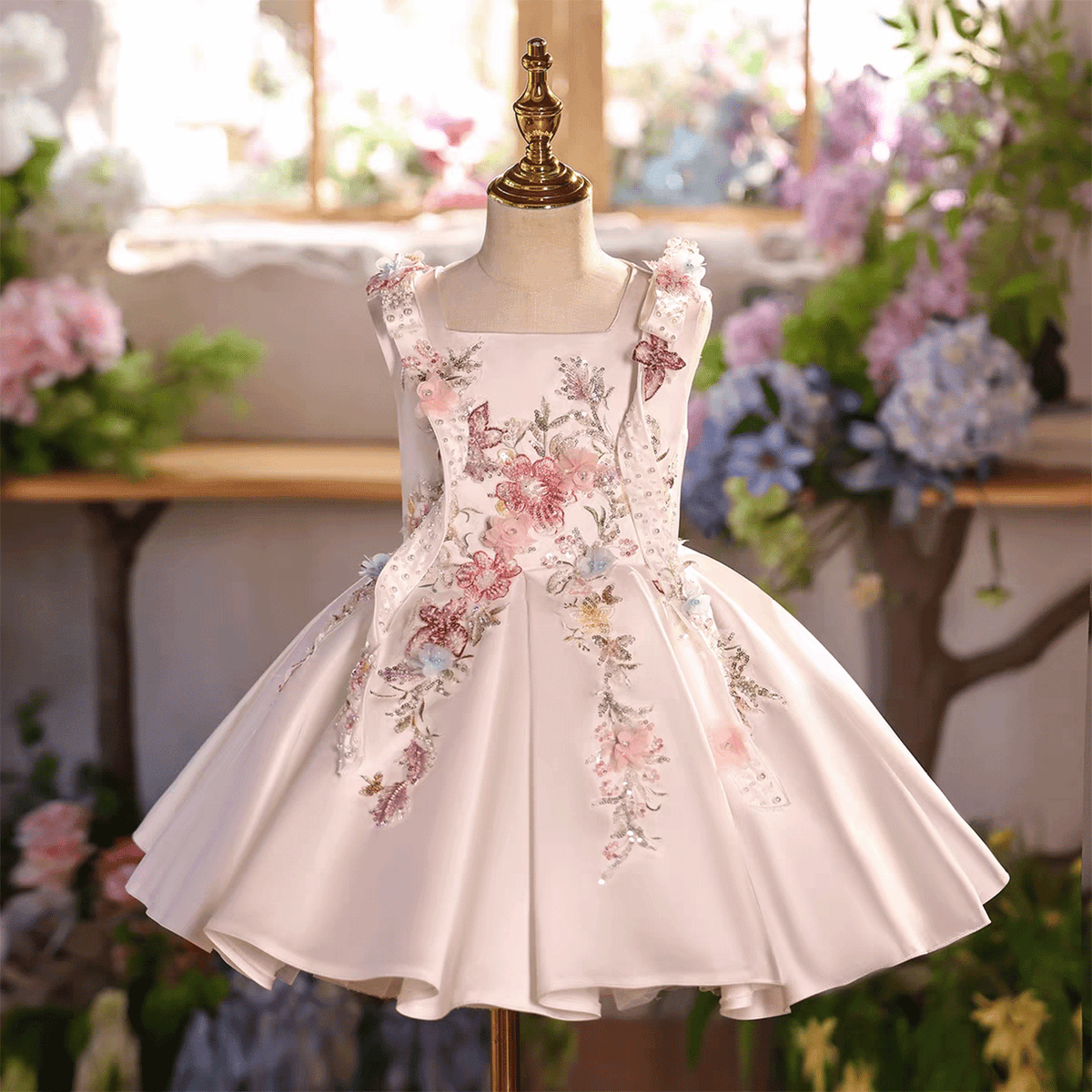 Girls' White Flower Girl Dress with 3D Floral Embroidery Sequins Square Neck Formal Gown J880