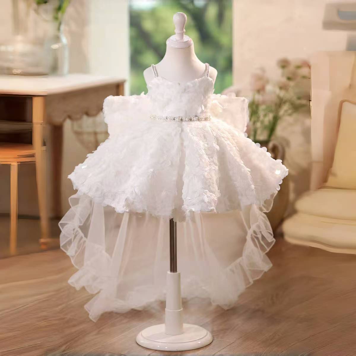 Elegant Toddler Party Dress in White with Fluffy Skirt Flower Girl Dress D136