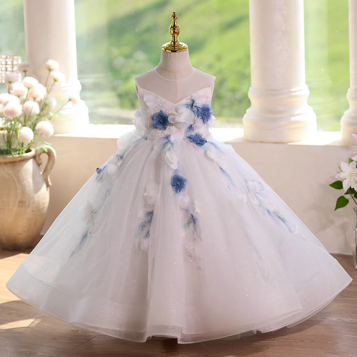 Jill Elegant White Beaded Applique Flower Girl Dress D104