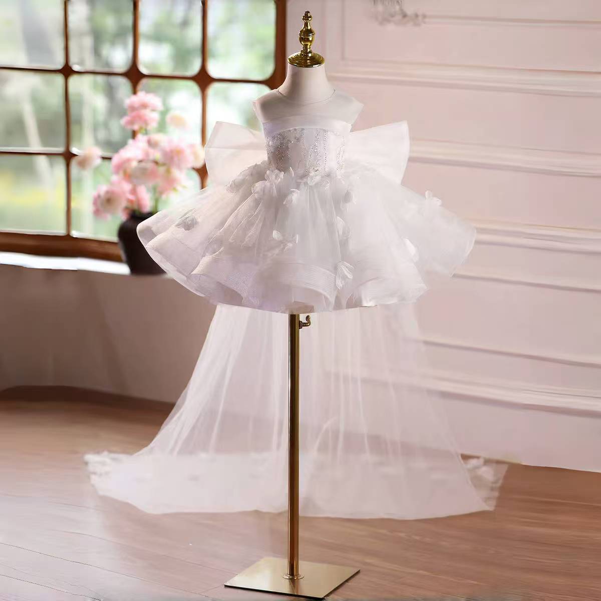Elegant White Princess Flower Girl Dress with Beaded Bodice and Bow Back D145