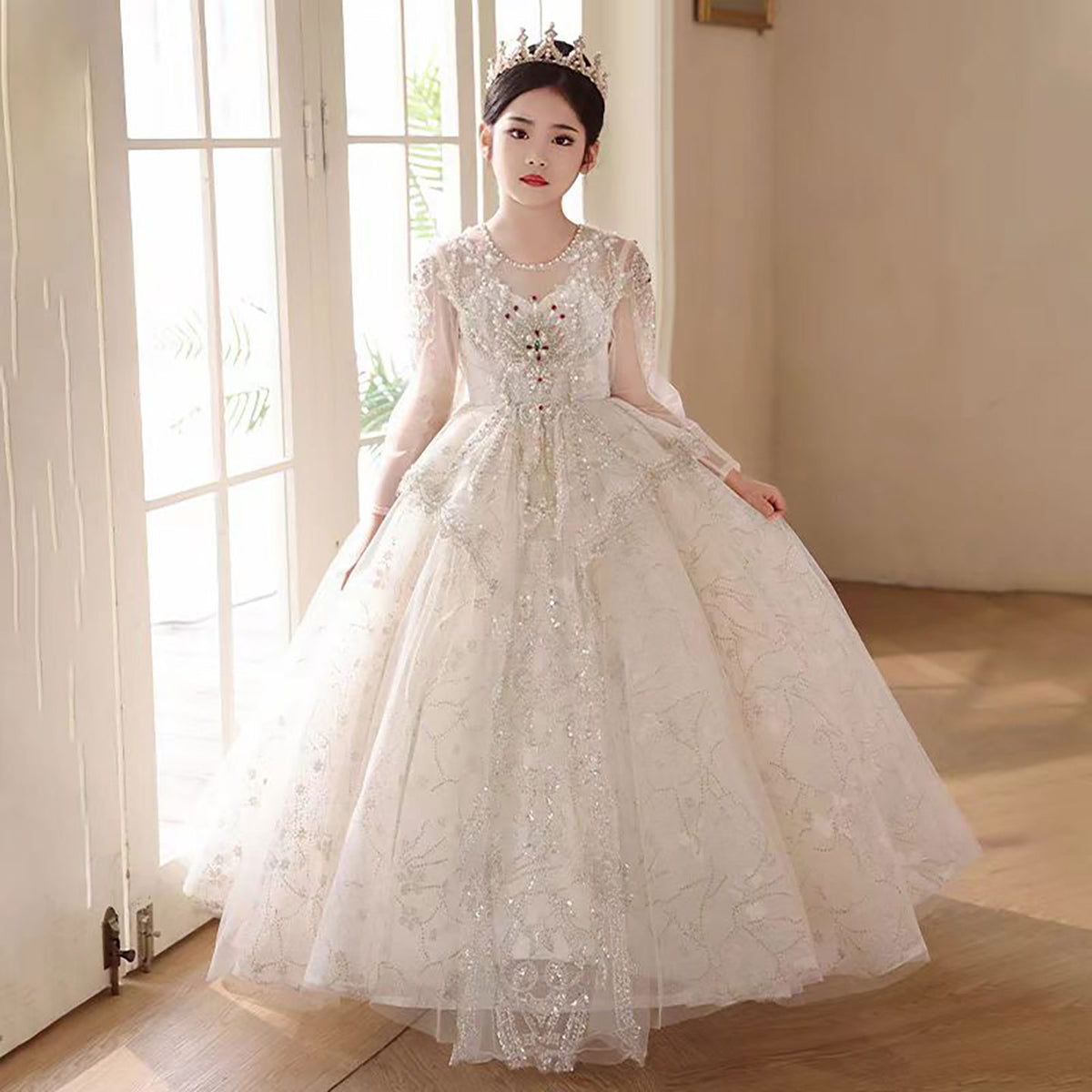 Luxury White Girl Princess Dress Long Sleeve for Birthday Pageant J003