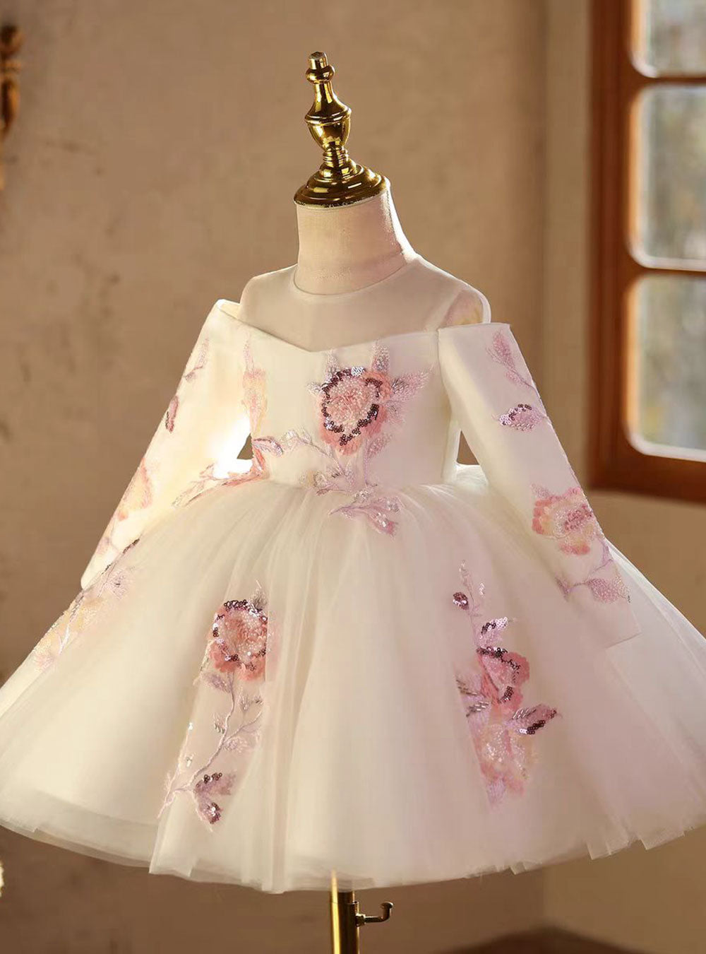 Elegant Flower Girl Dress Long Sleeve Princess Birthday Gown In White Jill Wish Elegant Flower Girl Dress Long Sleeve Princess Birthday Gown In White Jill Wish