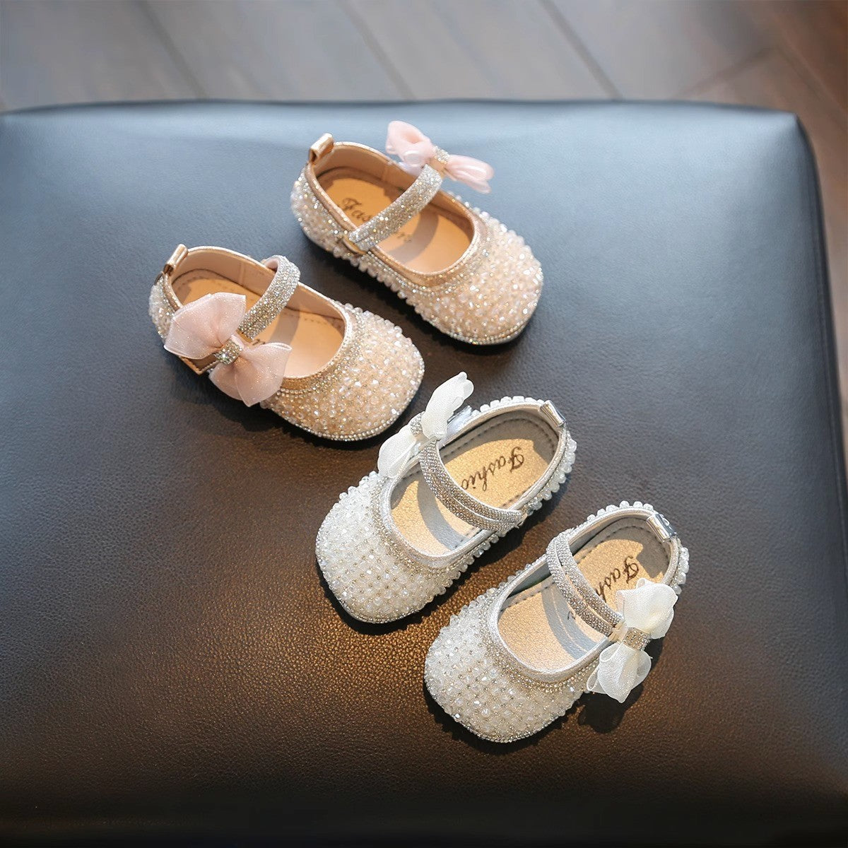 XZ05 pearl bow rhinestone baby Mary Jane flats