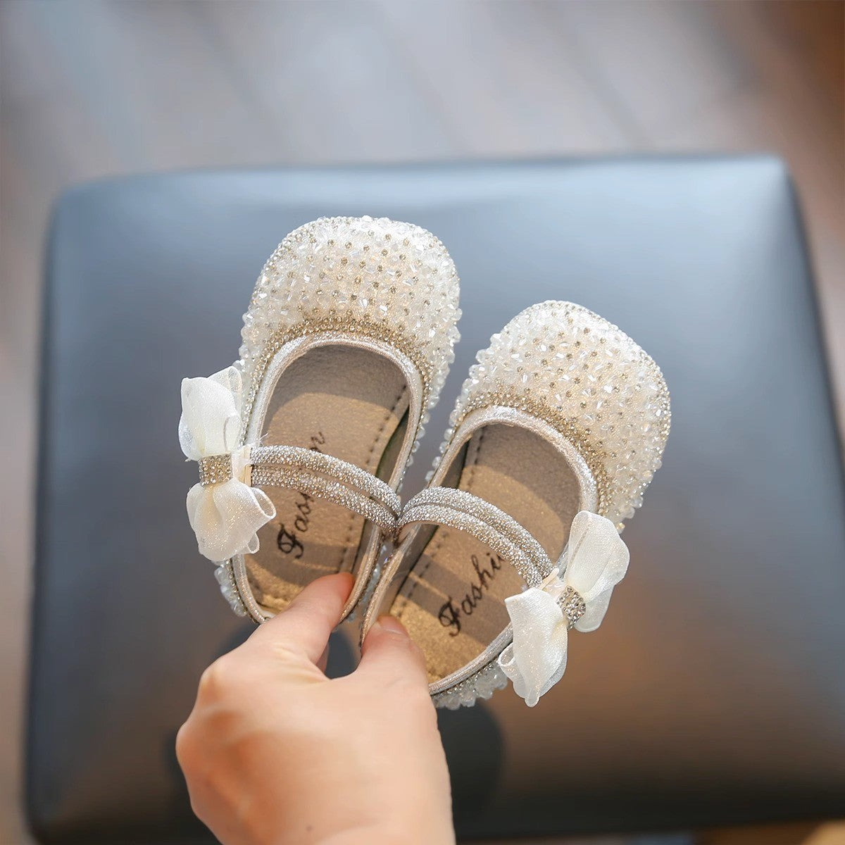 XZ05 pearl bow rhinestone baby Mary Jane flats