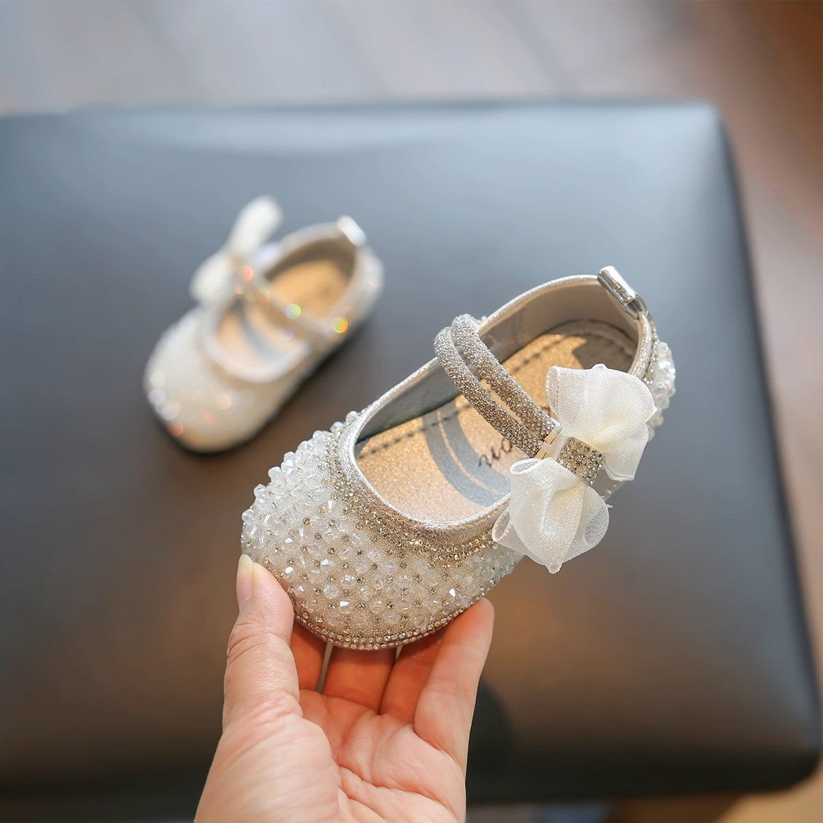XZ05 pearl bow rhinestone baby Mary Jane flats
