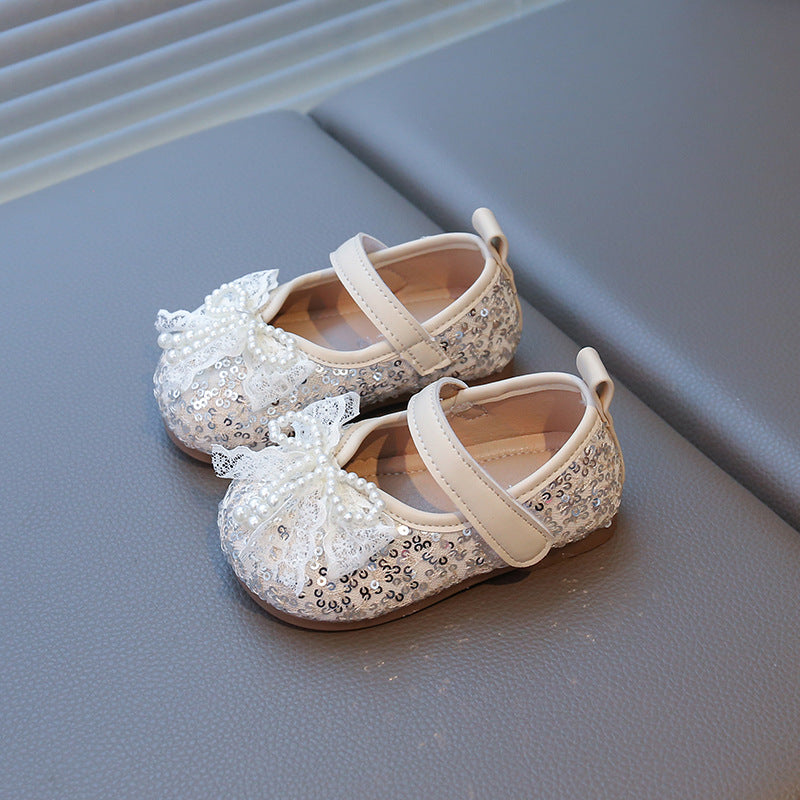 Girls' champagne pearl bow Mary Jane flats