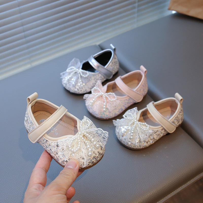 Girls' pink, champagne, and silver pearl bow Mary Jane flats
