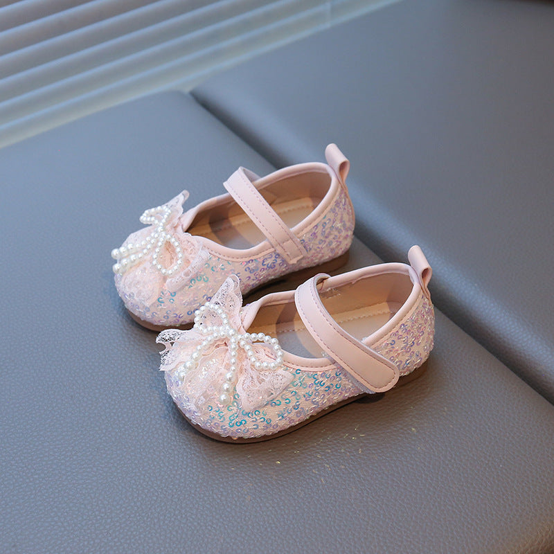 Girls' pink pearl bow Mary Jane flats