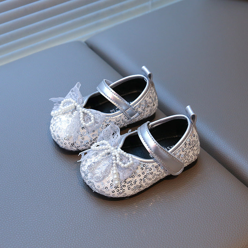 Girls' silver pearl bow Mary Jane flats