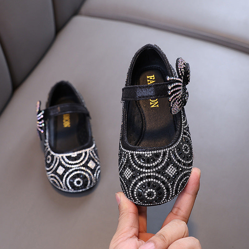 Girls' black rhinestone butterfly Mary Jane flats