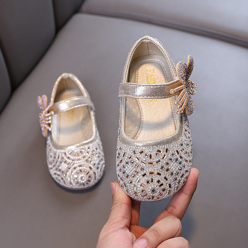Girls' champagne rhinestone butterfly Mary Jane flats
