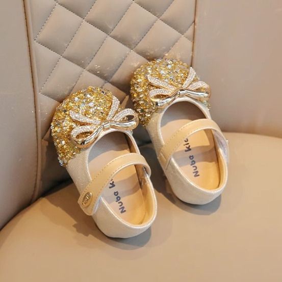 Girls' gold rhinestone bow Mary Jane flats