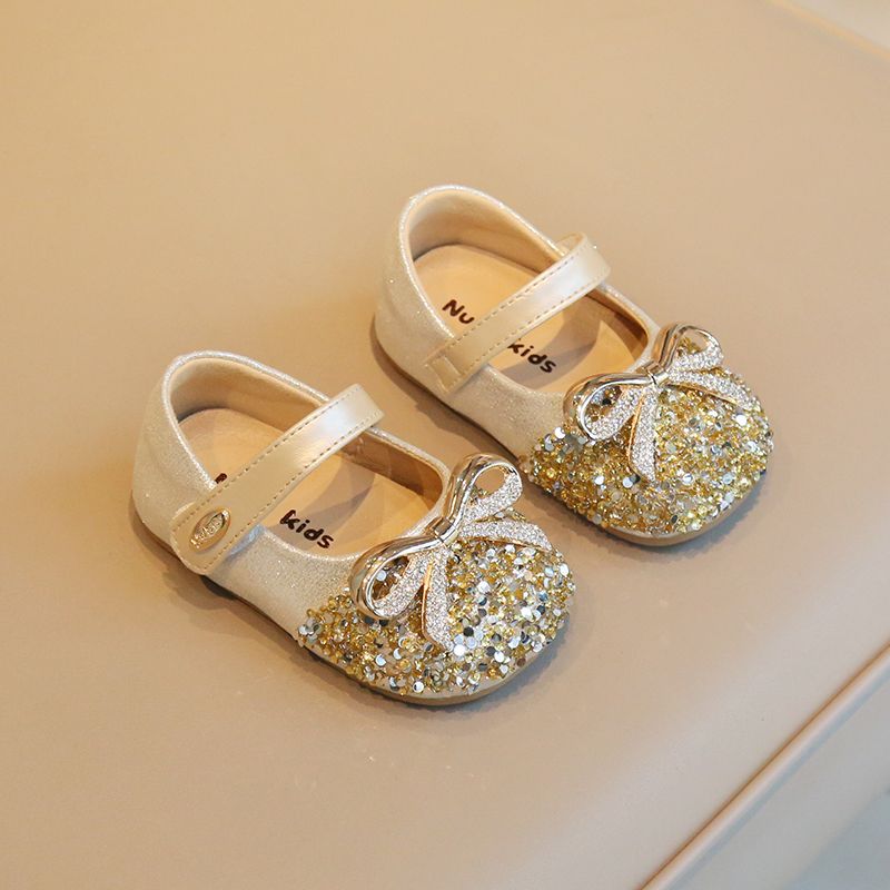 Girls' gold rhinestone bow Mary Jane flats