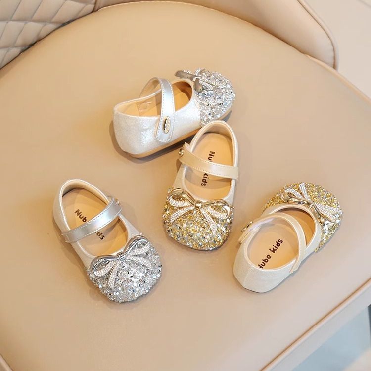 Girls' gold and silver rhinestone bow Mary Jane flats