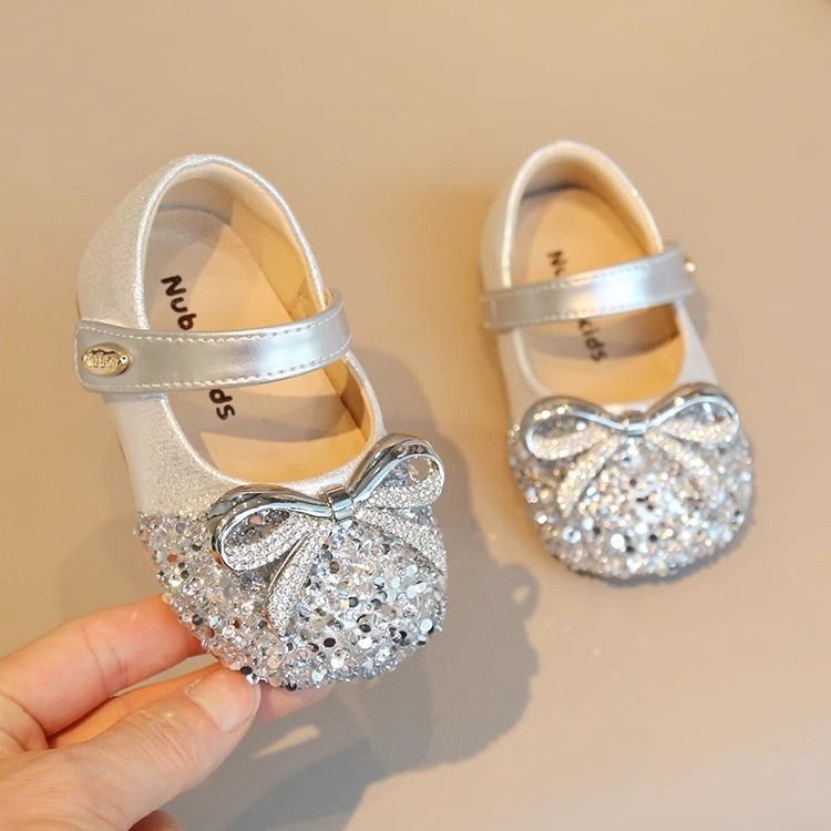 Girls' silver rhinestone bow Mary Jane flats