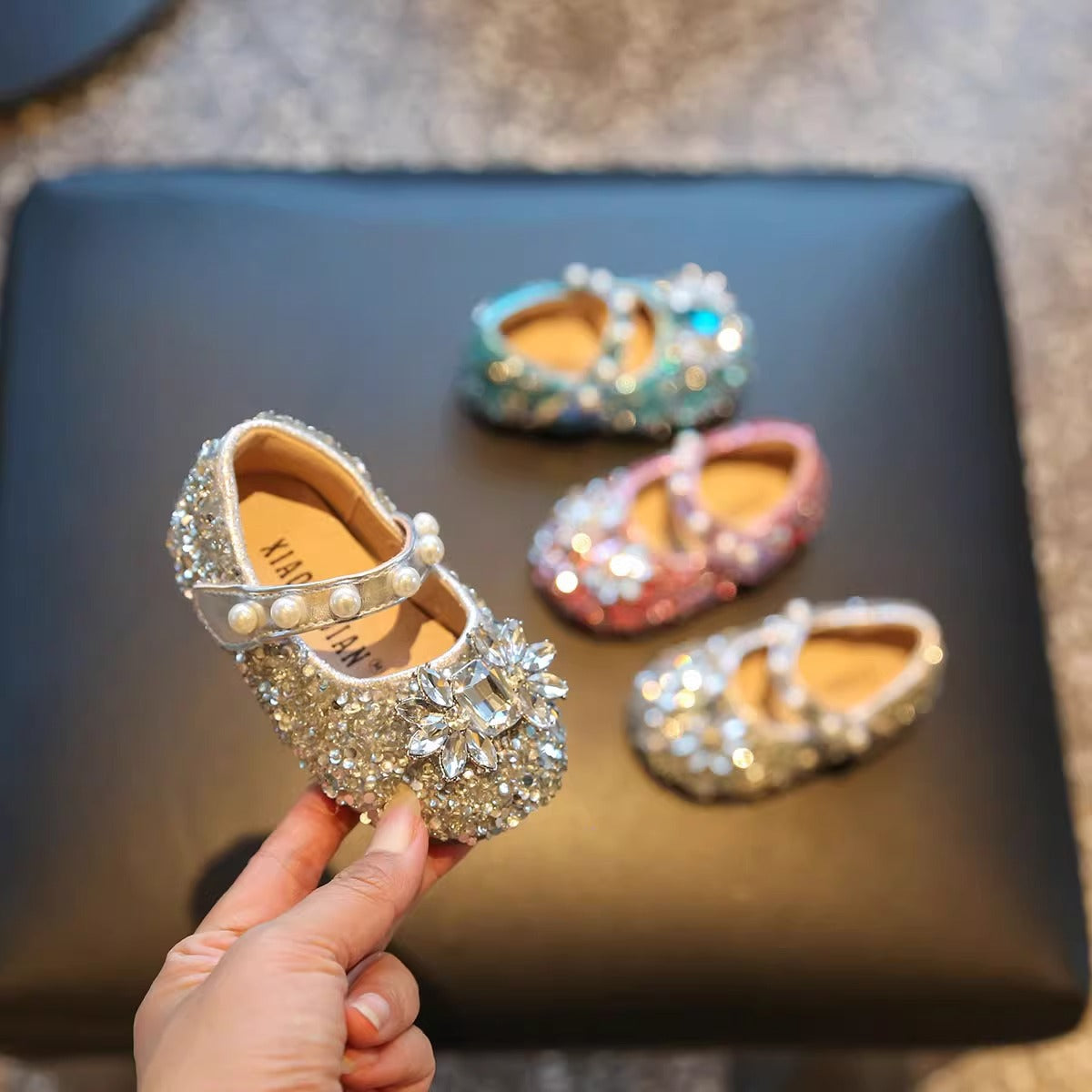 Girls' champagne, green, pink, and silver pearl rhinestone Mary Jane flats