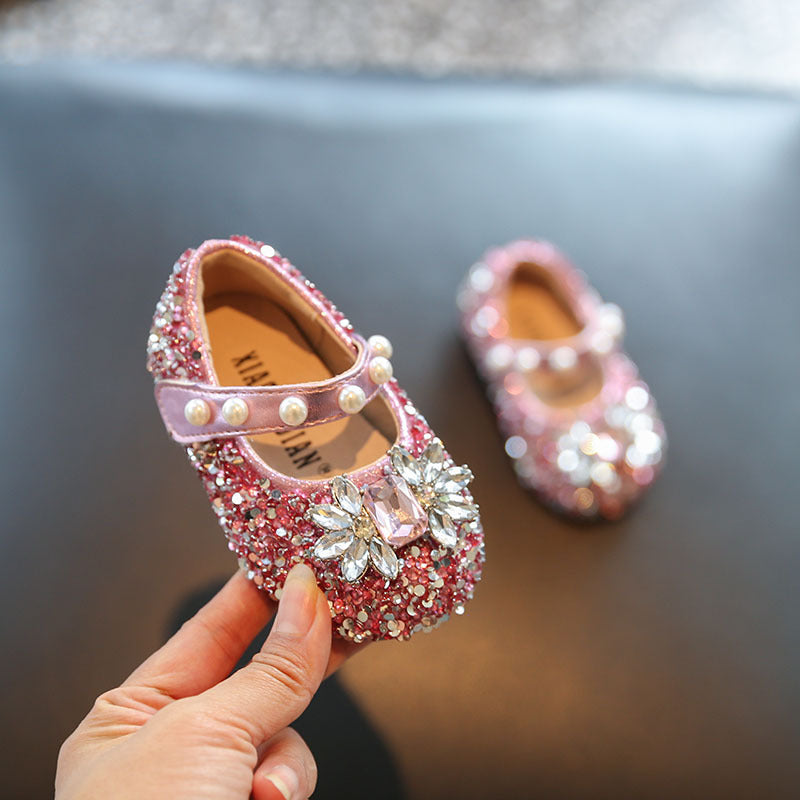 Girls' pink pearl rhinestone Mary Jane flats