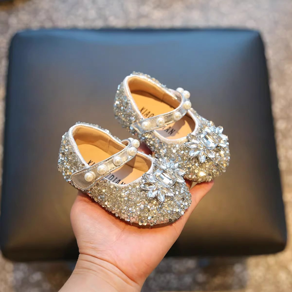 Girls' silver pearl rhinestone Mary Jane flats