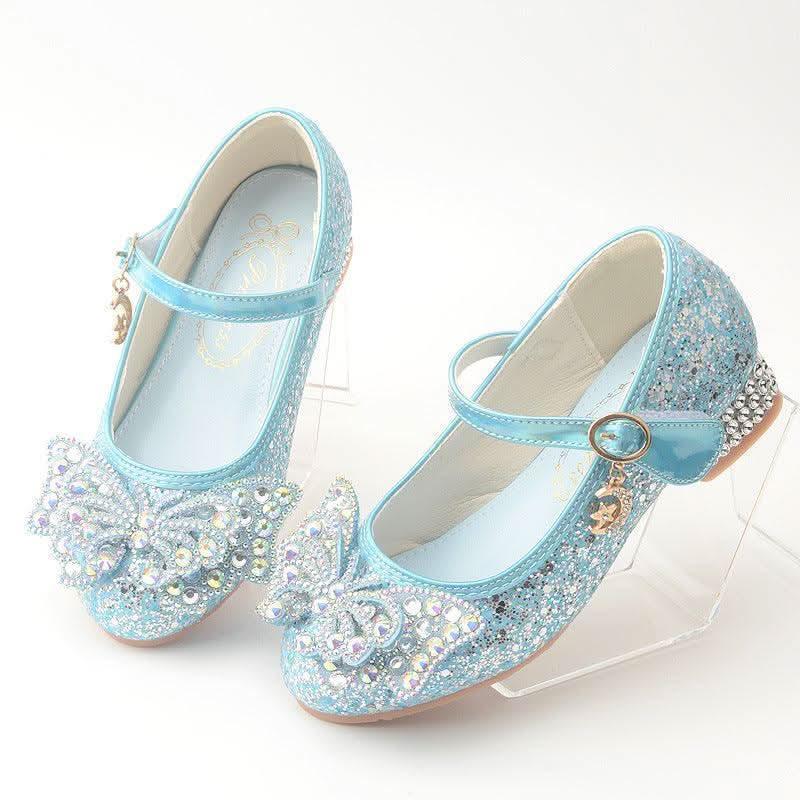 Girls' light blue rhinestone butterfly low heel Mary Jane shoes