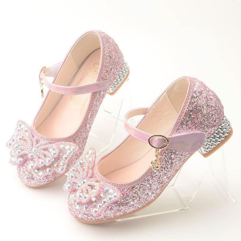 Girls' pink rhinestone butterfly low heel Mary Jane shoes