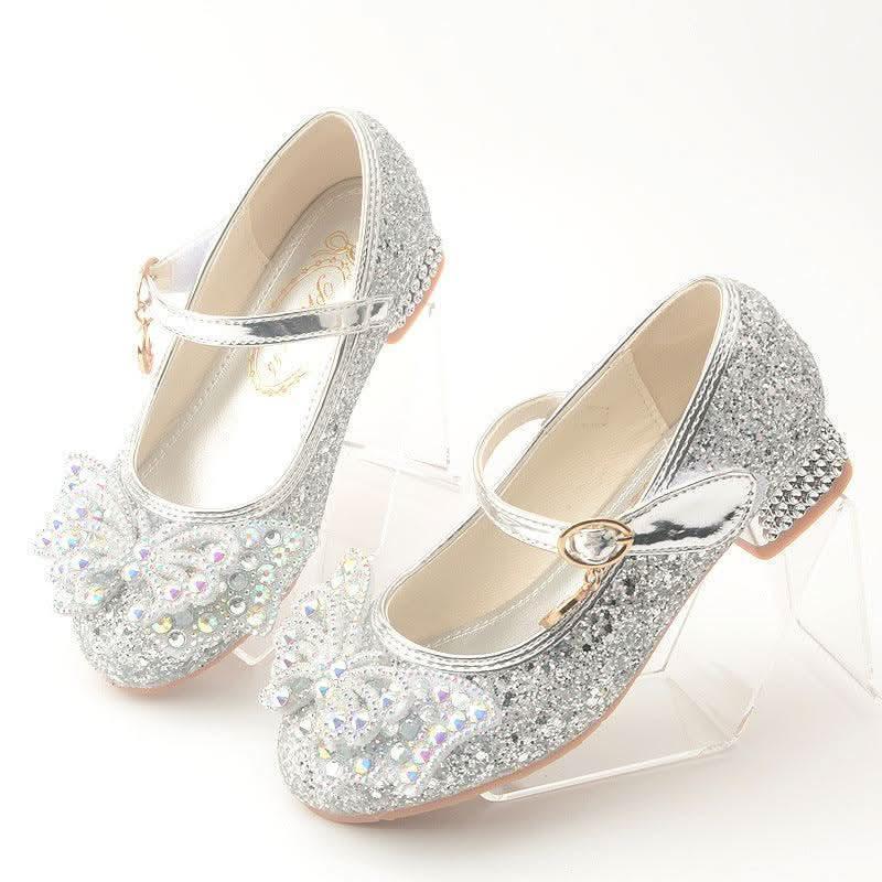 Girls' silver rhinestone butterfly low heel Mary Jane shoes