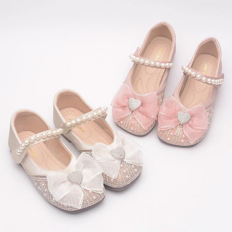 Girls' pink and white pearl bow Mary Jane flats
