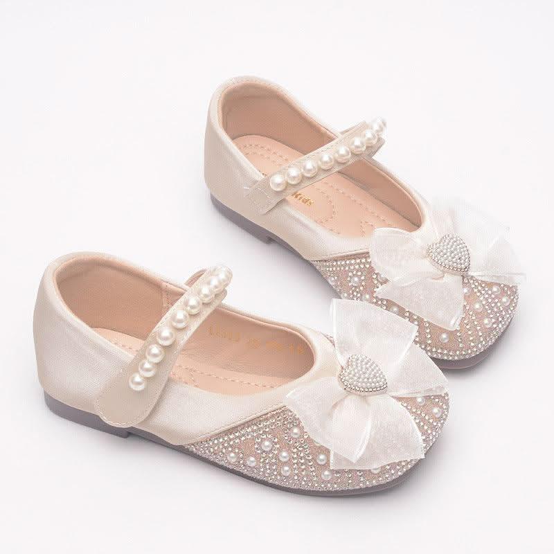 Girls' white pearl bow Mary Jane flats