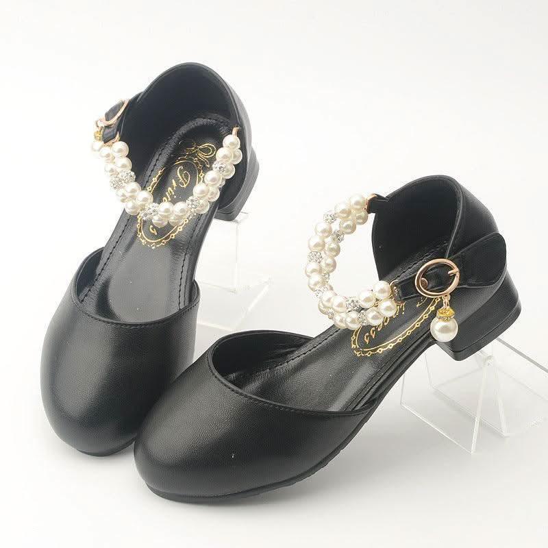 Girls' black pearl ankle strap low heel Mary Jane shoes