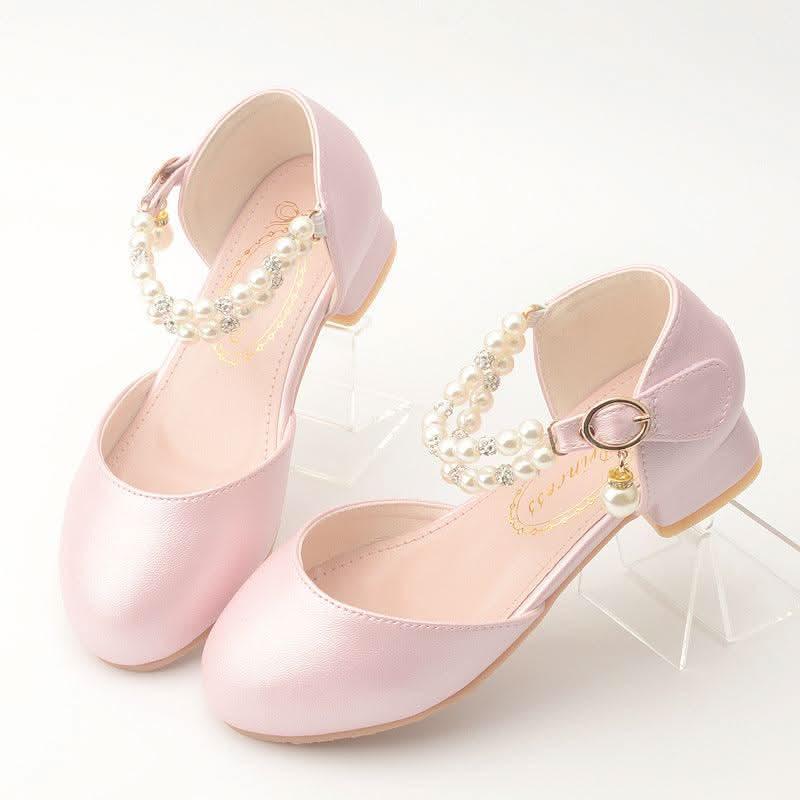 Girls' pink pearl ankle strap low heel Mary Jane shoes