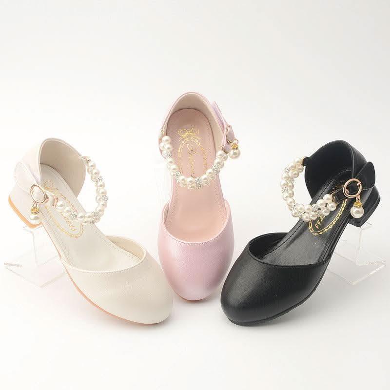 Girls' white, black, and pink pearl ankle strap shoes