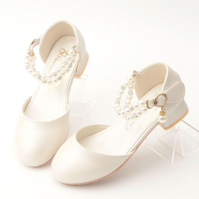 Girls' white pearl ankle strap low heel Mary Jane shoes