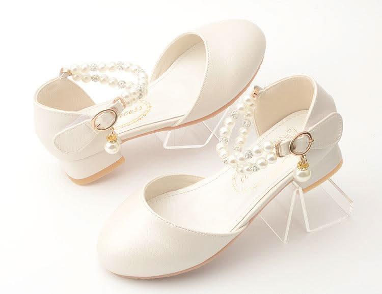 Girls' white pearl ankle strap low heel Mary Jane shoes