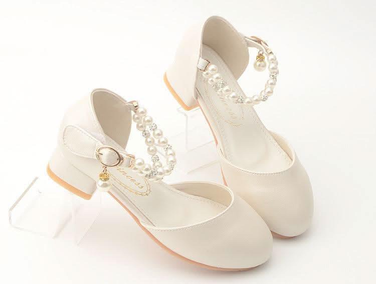 Girls' white pearl ankle strap low heel Mary Jane shoes