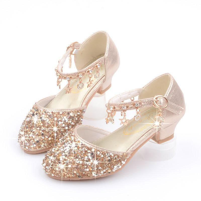 Girls' champagne rhinestone star charm low heel shoes