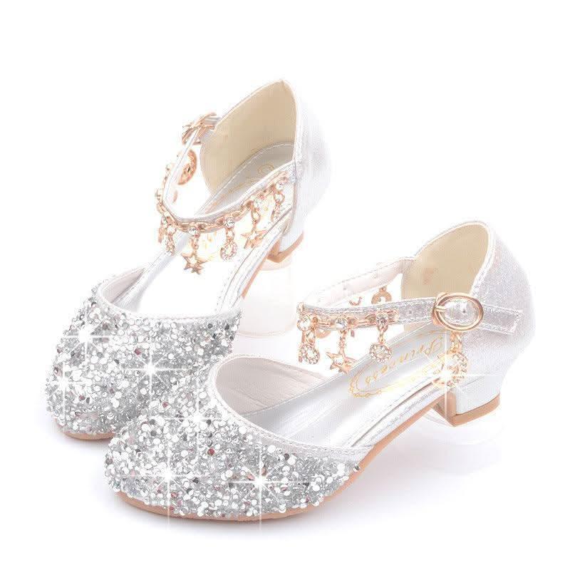 Girls' silver rhinestone star charm low heel shoes
